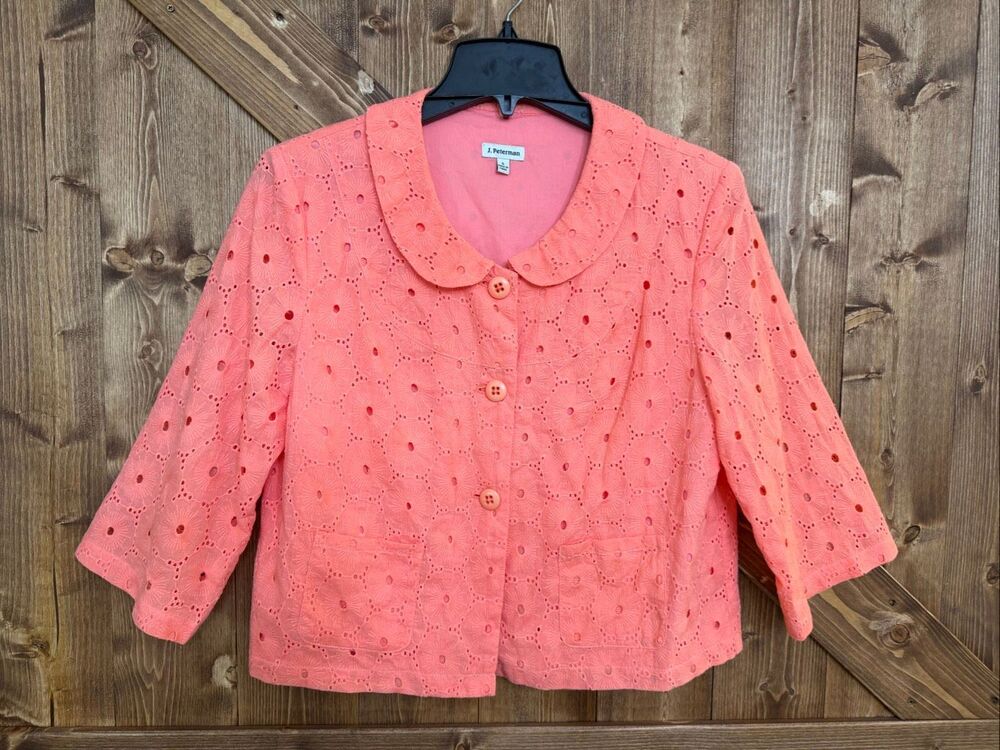 J. Peterman Eyelet Cropped Jacket Size Small Coral Pink Peter Pan Collar(7962)